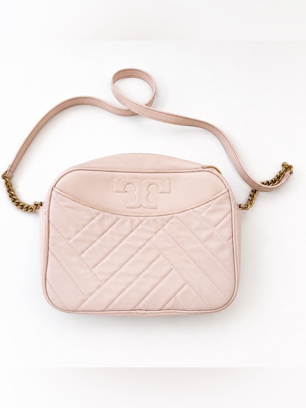 Tory Burch Quilted Leather Crossbody Bag Cream Blush Gold Chain 11x8x3
